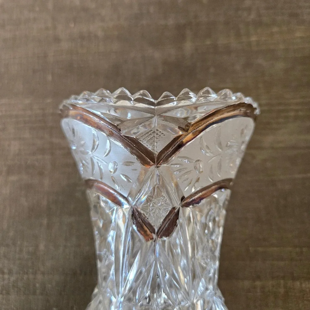 Vintage Cut Glass Tripod Footed Vase Gold Trim Scalloped Rim Floral DiamondClear